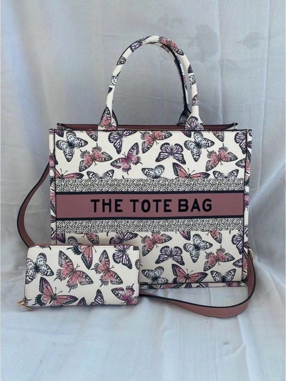 The Tote Bag Butterfly Print Tote in Pink and White